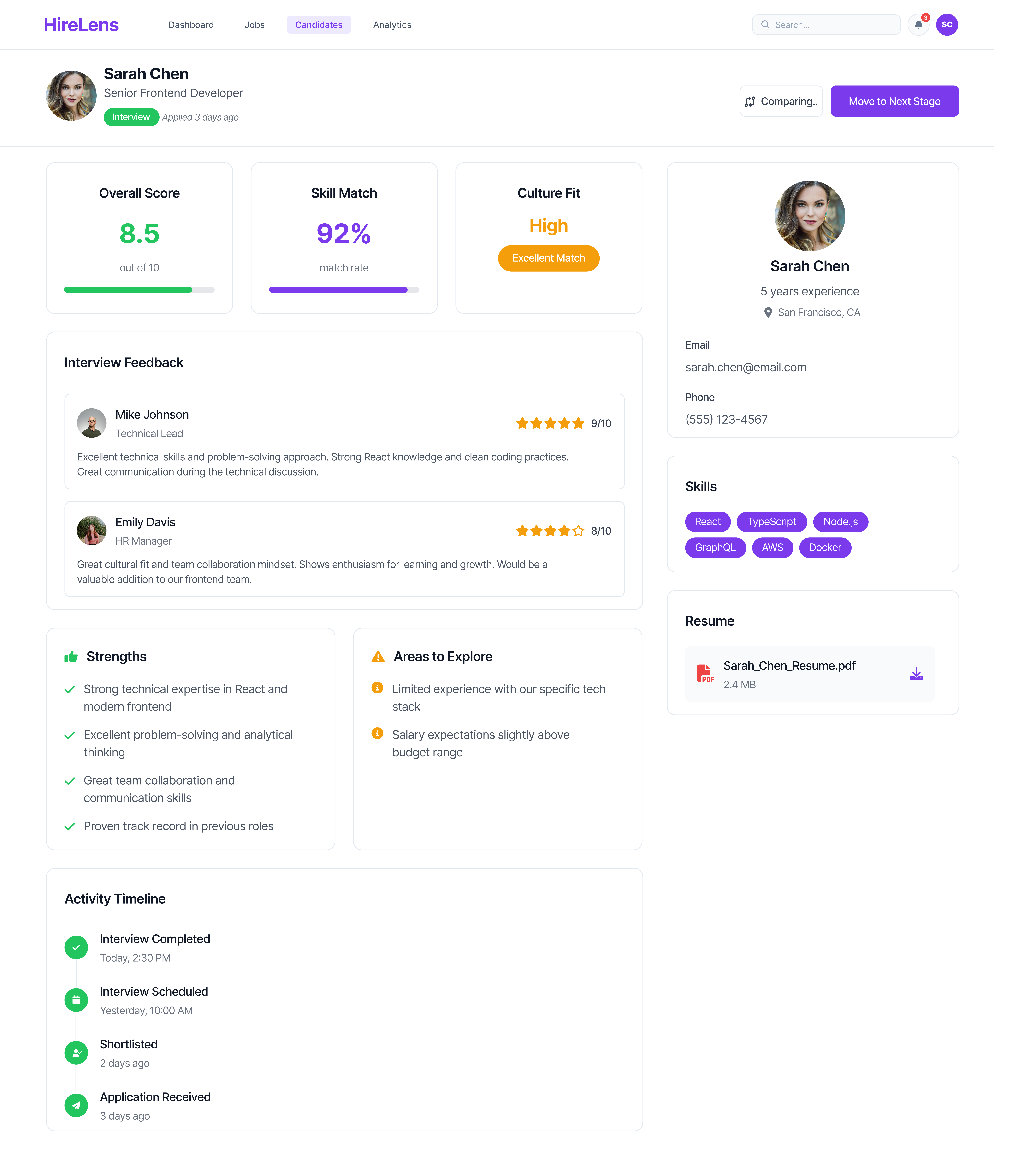 HireLens candidate evaluation — overall score, skill match, culture fit, interview feedback and timeline
